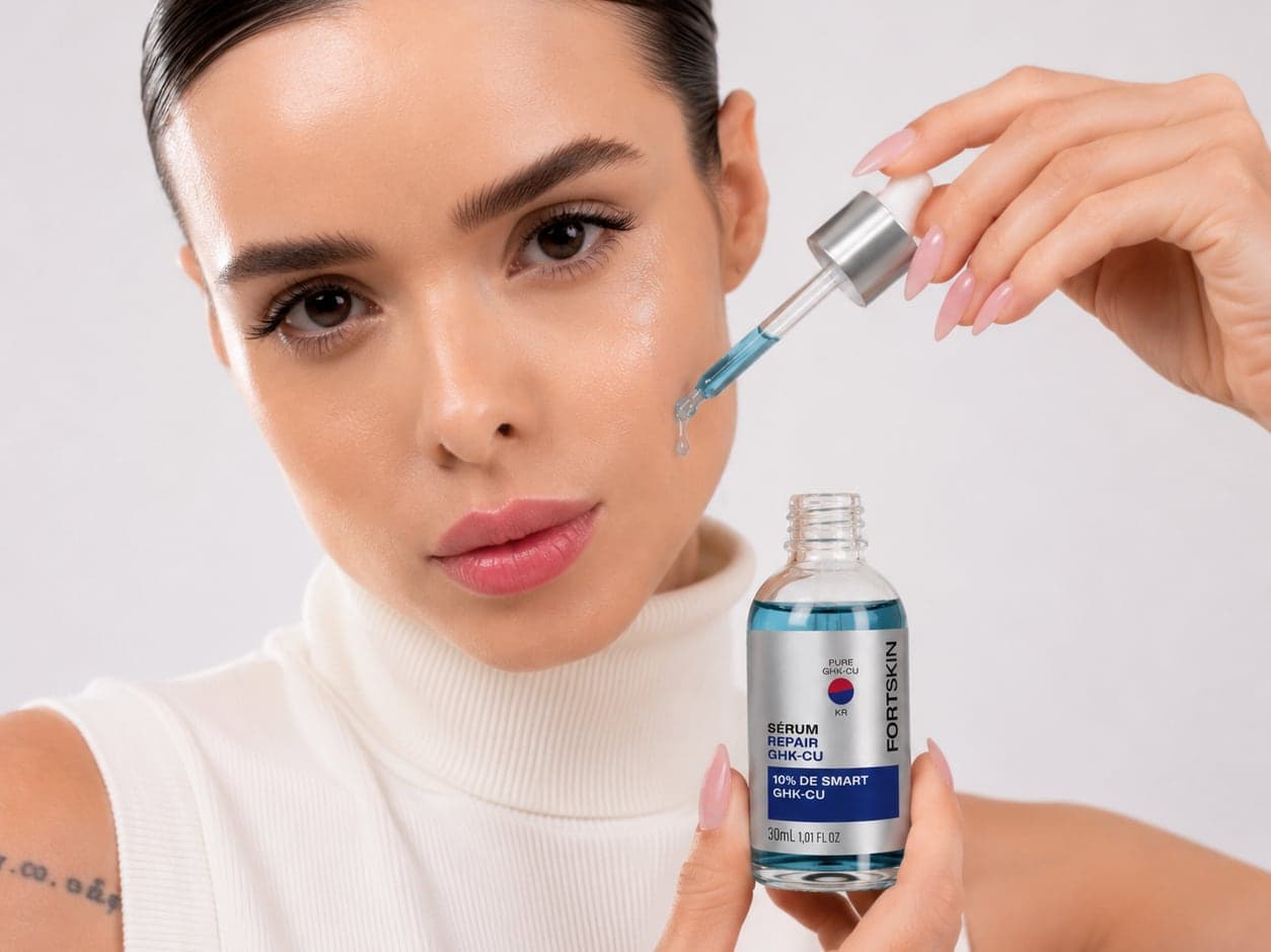 Mulher aplicando o Sérum Repair GHK-Cu da FortSkin no rosto